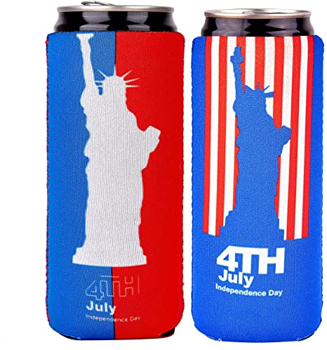 Slim Can Sleeves - Neoprene Bottle Insulator Sleeve Set of 2 Can Beverage Coolers for 12oz Energy Drink & Beer Cans (Statue of Liberty)