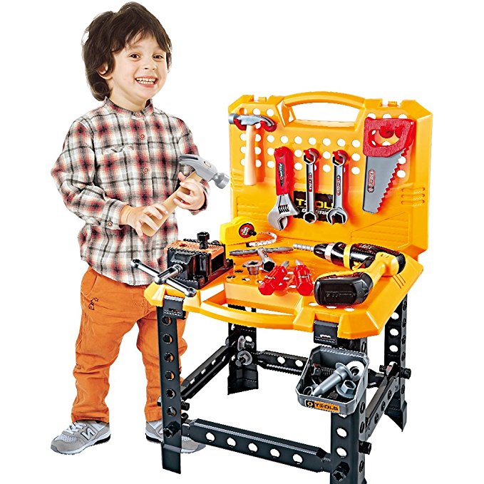 Toy Choi's 100 Pieces kids Power Workbench with Realistic Tools and Electric Drill, STEM Kids Building Construction Tools Set