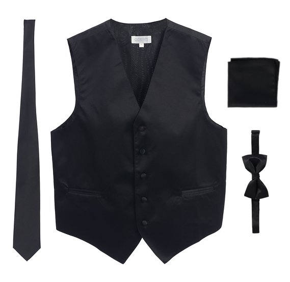 Mens 4 Piece Formal Vest, Bowtie, Tie, Pocket Square Set