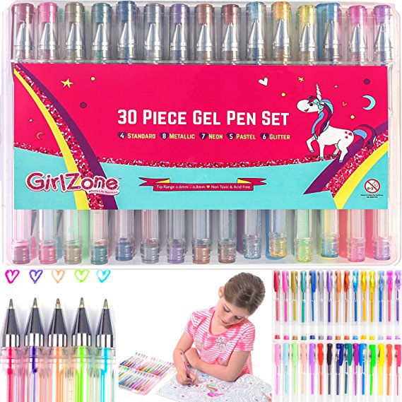 GIFTS FOR GIRLS: 30 Piece Gel Pens Set, Ideal Birthday Present Gift & Arts & Crafts Gift For Girls Age 3 4 5 6 7 8 9 10 Years Old. Coloring Pens for Kids,