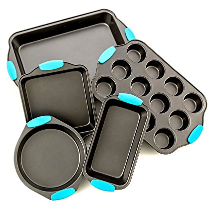 Bakeware Set -Premium Nonstick Baking Pans -Set of 5- ligh Blue Silicone Handles includes a Cupcake pan, Pie Pan, a Square cake pan, Baking Pan, a Bread Pan, By Intriom