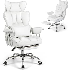 COSTWAY PU Leather Office Chair, Ergonomic Swivel Computer Desk Chair with Retractable Footrest and Removable Lumbar Pillow, Heavy Duty High Back Recliner Task Executive Chair for Home Office (White)