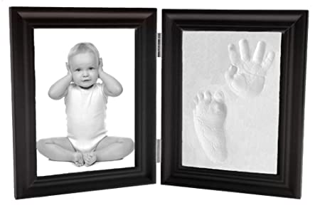 Proud Baby Hand Print and Footprint Air Drying Stone Clay Bi-Fold Quality Wood with Glass Photo Frame Gift Set (Expresso)