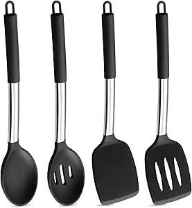 P&P CHEF Black Kitchen Cooking Utensil Set of 4, Silicone Solid Spatulas Slotted Spoons Turners for Non-stick Cookware Flipping Mixing, Heat-proof