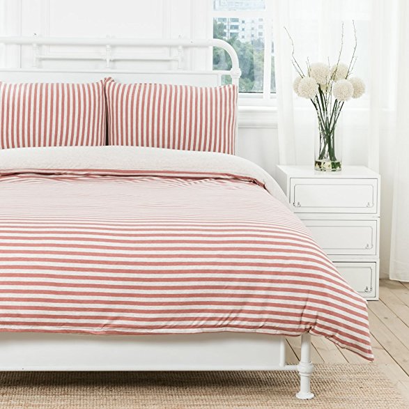 PURE ERA Jersey Knit Cotton Home Bedding Sets Duvet Cover Set 1 Comforter Cover and 2 Pillow Shams Soft Comfy Breathable Stripe Reversible Coral and Grey Queen Size