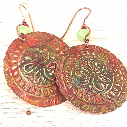 Ma'at Oversized Boho Red, Blue, Green Patina Rounds with Green Czech Beads in Copper by BANDANA GIRL