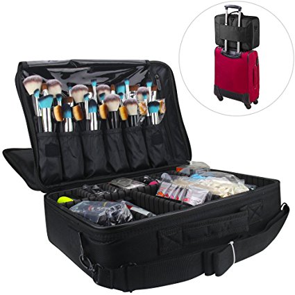 Travelmall 3 layer Black Multi -Functional Professional Makeup Train Case Cosmetic organizer Make Up Artist Box Attach on the Trolley for Travel Makeup Brush Hair style nail beauty tool