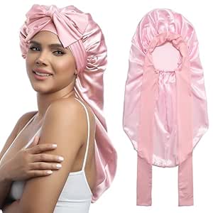 AWAYTR Long Satin Bonnet for Women - Double Layer Elastic Silk Bonnet for Braids Hair Sleeping Cap with Tie Band (Pink)