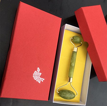 New Jade Roller Face Massager,Tightening the Facial Skin,Anti-aging of Skin,Smooth Skin with a red gift box (dark green)