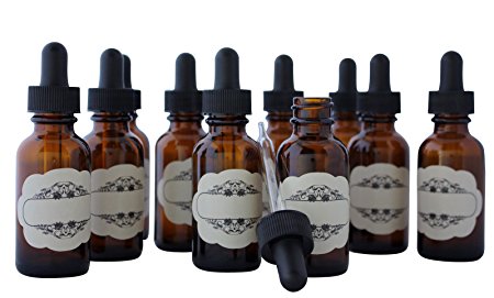 1 Oz (30 ml) 10 Pack Amber Glass Bottles Boston round with glass eye dropper   Include LABELS for your marking convenience