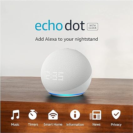 Echo Dot (5th Gen, 2022 release) with clock - Glacier White and 4 months of Amazon Music Unlimited FREE w/ auto-renewal