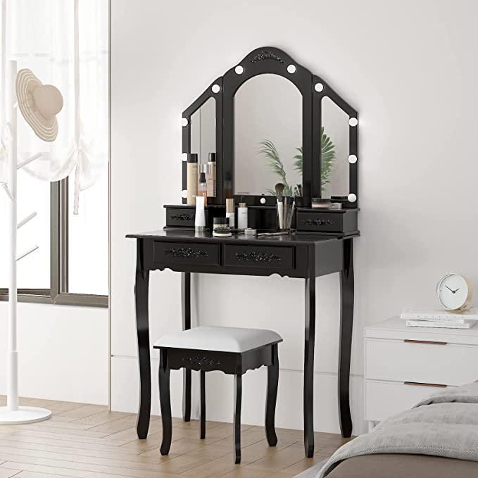 Makeup Vanity with Lights Vanity Desk with Mirror and Lights 4 Drawer Vanity Set Makeup Dressing Table with 10 LED Light Bulbs Small Vanity Table for Bedroom,Black