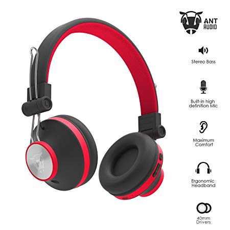 Ant Audio Treble H82 On-Ear Bluetooth Headphones with Mic (Black and Red)
