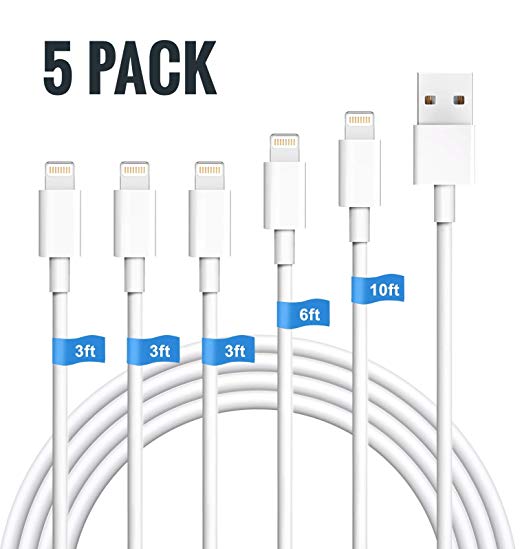 Sundix iPhone Charger Cable, 5Pack 3FT/3FT/3FT/6FT/10FT Fast Sync Charger Lightning Cable Charging Cord Compatible iPhone X/8/8 Plus/ 7/7 Plus/ 6s /5C/ SE iPad iPod