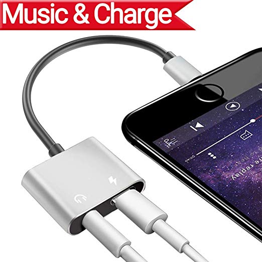 2 in 1 Lighting Audio  Charger Adapter Phone X Phone 8/8Plus Phone 7/7Plus Headset Earphone.Headphone 3.5mm AUX Audio Splitter Charger Adaptor Wire Control.Compatible iOS 11.4 Later-Silver