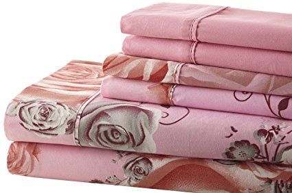 Spirit Linen Hotel 5Th Ave Palazzo Home 6-Piece Luxurious Printed Sheet Set, Full, Pink/Grey Roses