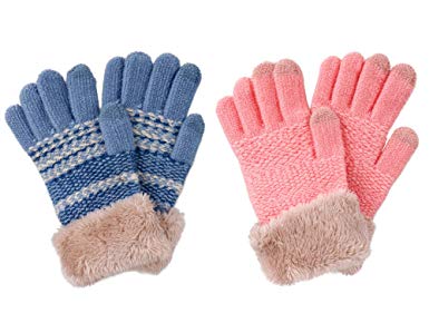 2 & 3 Pack Kids Touchscreen Winter Knit Gloves with Faux Fur Cuff