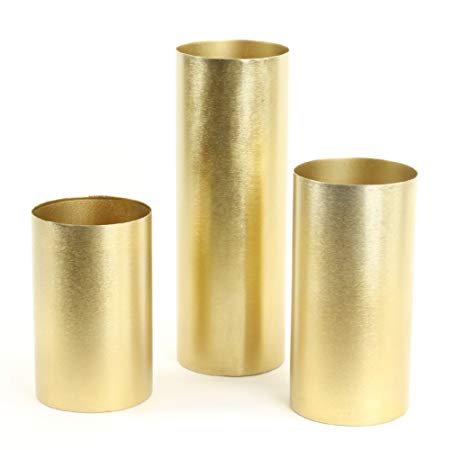Koyal Wholesale Brushed Metal Cylinder Vases, Candle Holders Set of 3, Brass Metal Cylinder Candle Holders (Gold)
