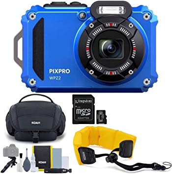 Kodak PIXPRO WPZ2 Rugged Waterproof 16MP Digital Camera with 4x Optical Zoom (Blue) Bundle with Koah Nostrand Gadget Bag, Floating Camera Strap (Yellow), and 32GB UHS-I microSDHC Memory Card (4 Items)