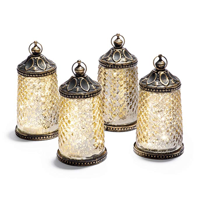 Gold Mercury Glass Tabletop Lanterns - Set of 4, Warm White LED Lights, 5.5” Height, Antique Bronze Accents, Battery Operated