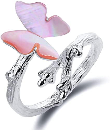 Lotus Fun S925 Sterling Silver Rings Cute Butterfly on Branch Open Ring with Natural Shell Handmade Jewelry Unique Gift for Women and Girls