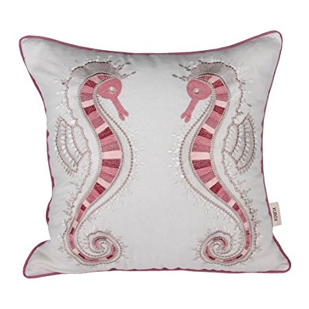 Lily Cindy Cotton Linen Decorative Throw Pillow Cushion Covers Pillowcase Shell Red Seahorse Embroidery 18" X 18"
