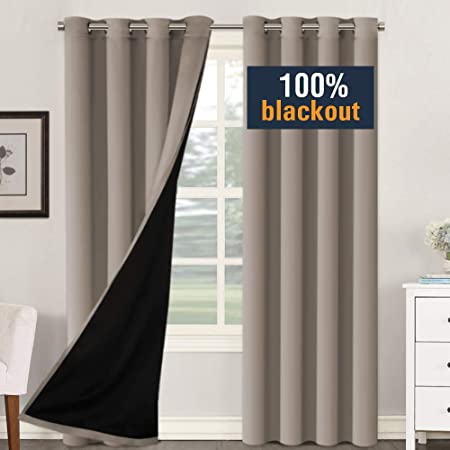 Thermal Insulated 100% Blackout Extra Long 108 Inches Curtains Noise Reducing Performance Grommet Drapes with Black Liner, Full Light Blocking Drapery Panels (Taupe, 1 Pair, 52" x 108")