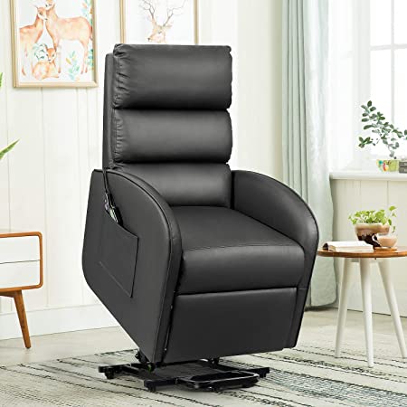 Flamaker Power Lift Recliner Chair for The Elders PU Leather with Lumbar Massage Modern Style Sofa Chair with Side Pocket Single Lounge Chair for Living Room Home Theater Seating (Black)