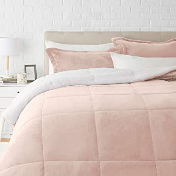 AmazonBasics Ultra-Soft Micromink Sherpa Comforter Bed Set, Full or Queen, Blush - 3-Piece