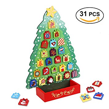UNOMOR Advent Calendar with 31 Magnets, Countdown to Christmas Wooden Advent Calendar for Kids