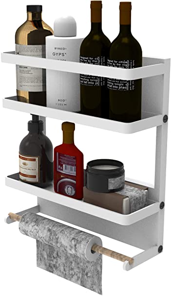 Magnetic Spice Rack Organizer,2 Tier Refrigerator Spice Storage Shelf, Also Suitable For Perforated Installation on Kitchen Walls,Can Hold spices,Drink Can and Sesame Oil,White By Cq acrylic