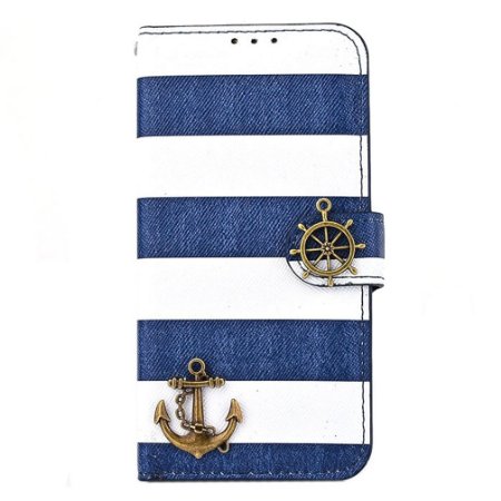 TowallmarkTM Stripes Anchor Rudder Wallet Flip Case for iPhone 6 Plus Blue