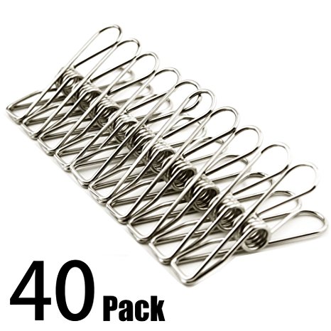 Clothespins 40 PACK,Multi-purpose Stainless Steel Wire ,Cord Clothes Pins Utility Clips,Hooks for Home/Office