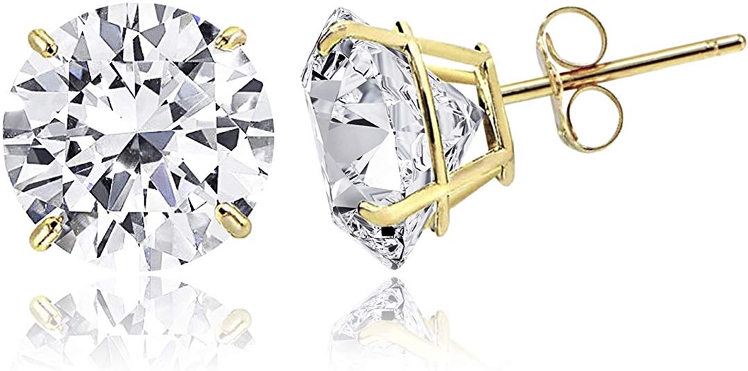 TIONEER 14K Solid Gold Cubic Zirconia Round-Cut Solitaire Stud Earrings for Women and Men, Butterfly Push-Back