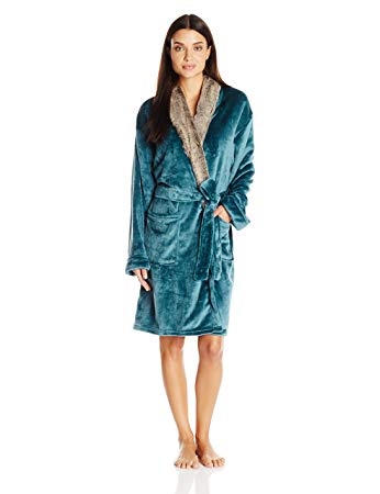 Serre' Women's Solid Velvet Plush Robe with Faux Fur Collar, Large/X-Large, Teal