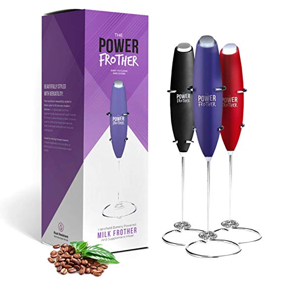 Power Frother - Purple Milk Frother for Coffee - Durable Electric Handheld - Battery Operated for Protein Powder, Collagen, Pre-Workout - Quiet & High Powered - By Omega PowerCreamer - Stand Included
