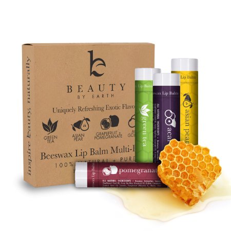 100% Natural Beeswax Lip Balm 4 Pack In Exotic Flavours (Green Tea, Pomegranate, Acai & Asian Pear)
