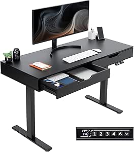 VIVO Electric 55 x 24 inch Height Adjustable Memory Standing Desk with Built-in Storage and Power Strip, Black Solid Top, Black Frame, DESK-KIT-1B55H-B