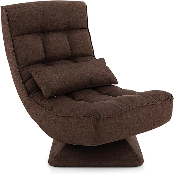 COSTWAY 4-Position Adjustable Floor Chair, Padded Lounge Chair with Swivel Base, Steel Frame, Lumbar Pillow, Foldable Gaming Floor Chair for Meditating, Reading, Resting, No Assembly (Brown)