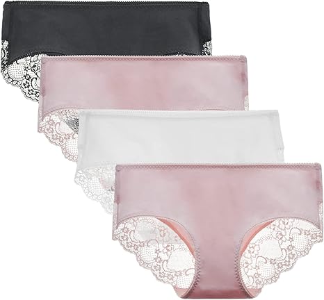 Women's 4 Pack Cotton Mid Rise Full Coverage Lace Hipster Brief Panty Underwear