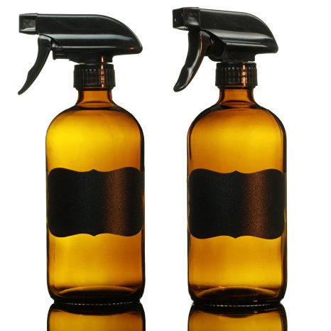 16 Oz Amber Glass Spray Bottles (Set of 2, Durable Empty-Refillable), DUAL SPRAY / HIGH QUALITY / LIFETIME GUARANTEE / BONUS KITCHEN FUNNEL, PHENOLIC CAPS AND WIPE OFF CHALK LABELS, Refillable Chemical Bottle - Essential Oil Sprayer, Boston Cleaning Spray Bottles - UV Protection.