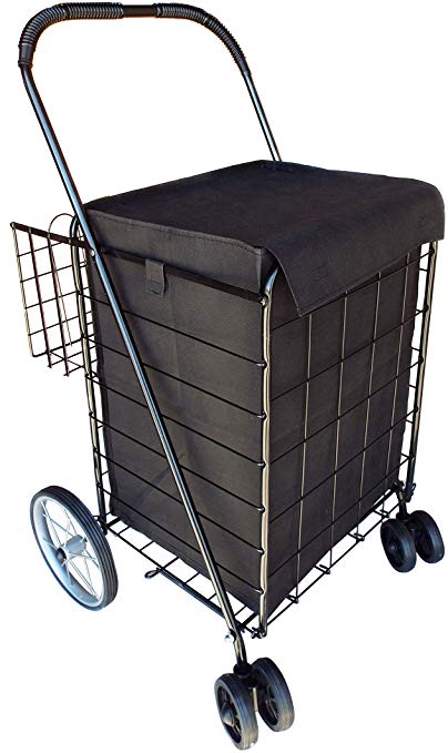 Portable Double Basket Heavy-Duty Folding Shopping Cart w/Front Swivel Wheels, and Steel Back Wheels - Fits in Trunk OR Back Seat - Never Make Two Grocery Trips Again - Black with Liner