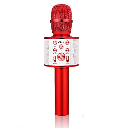 i-Star Wireless Bluetooth Speaker Karaoke Microphone - Portable Multifunction Handheld Mic for Home Party Birthday Travel Kids Toy Machine Compatible with Smartphone iPhone/Android/PC/iPad (Red)