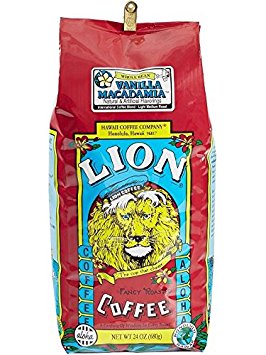 Lion Coffee Vanilla Macadamia Nut Flavored Coffee (Whole Bean, Light Medium Roast, International Blend, 24oz Bag)