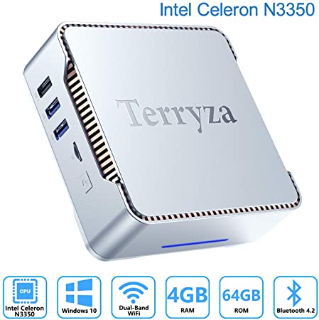 Terryza Mini PC Intel Celeron N3350 (up to 2.4GHz) Mini Computer with Window 10 Pro 64bit 4GB DDR3 64GB eMMC,Dual Band Wi-Fi 2.4G/5G,HDMI/VGA Port Three Display, Gigabit Ethernet, 4K HD,BT 4.2