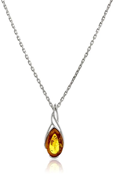 Rhodium Plated Sterling Silver Honey Amber Pear Shape Pendant Necklace, 18''