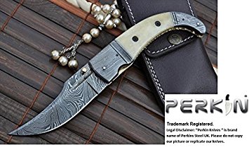 Damascus Folding Knife Camel Bone n Damascus Handle with Handmade Leather Pouch