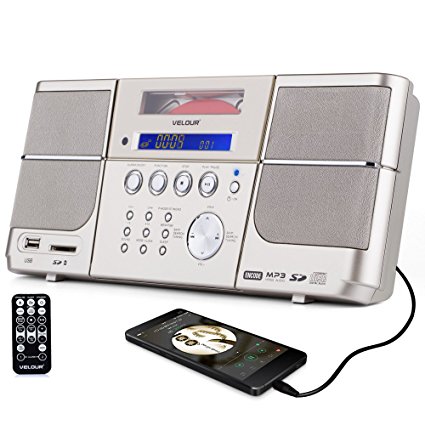 VELOUR Portable cd player gold Boombox with FM Radio Clock USB SD and Aux Line-In for kids