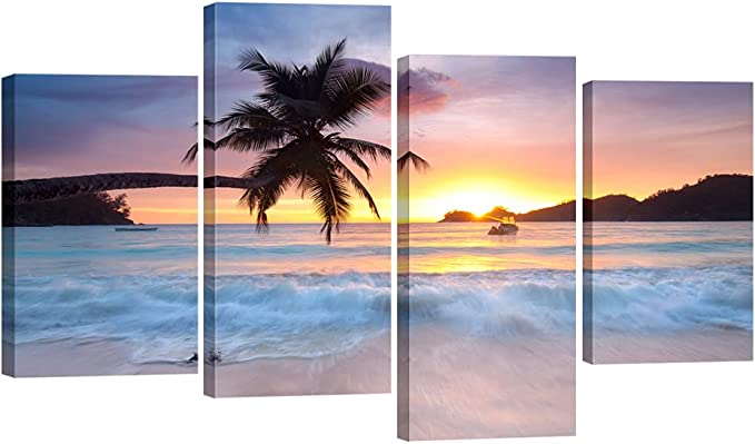 Pyradecor Sunrise Beach Theme Canvas Prints Wall Art Ocean Sea Pictures Paintings for Living Room Bedroom Home Office Decorations Modern 4 Piece Stretched and Framed Seascape Giclee Artwork
