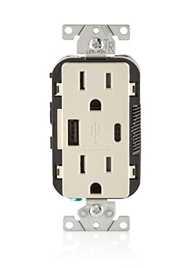 Leviton T5633-T 15-Amp Type A & Type-C USB Charger/Tamper Resistant Receptacle, Compatible with iPhone XS/MAX/XR/X/8/7/6, iPad, Samsung Galaxy S9/S8/S7/S6, Google Pixel and More, Light Almond